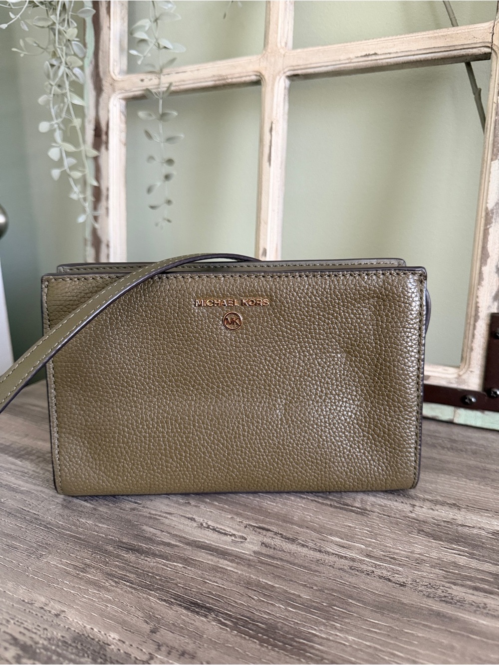 Michael Kors Olive Green Pebbled Leather Crossbody with Gold Hardware